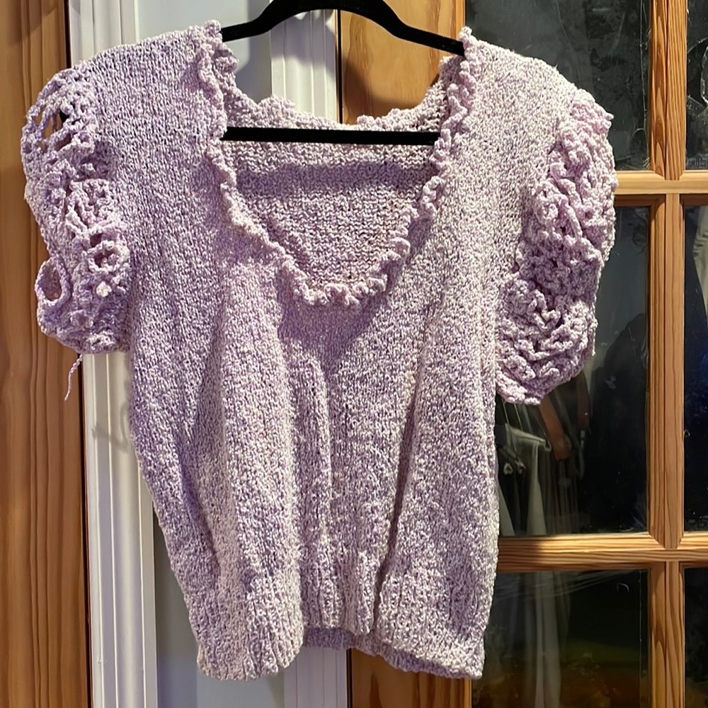 Woman’s Pale Lilac Hand Knit Sweater Crocheted Sleeves Scoop Neck